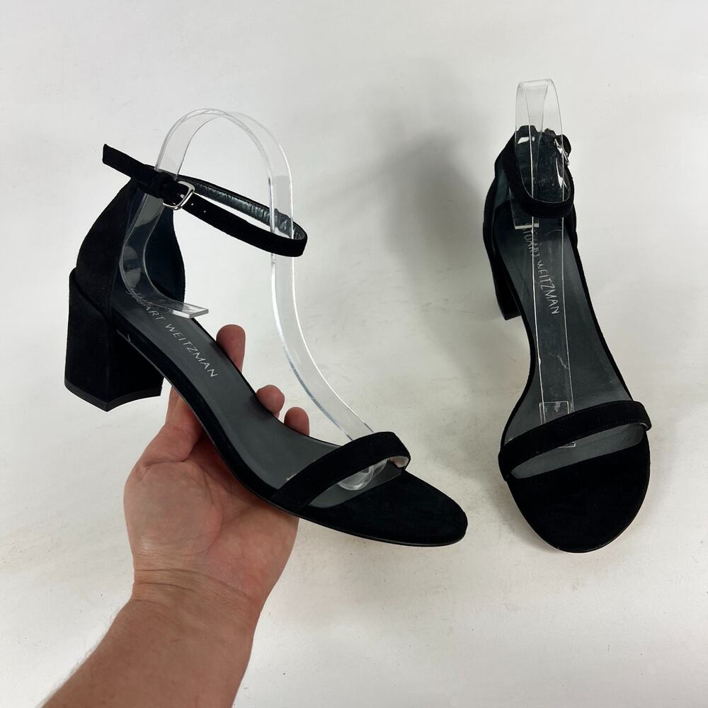 Stuart Weitzman Ankle Strap Heels Women's 8 Black Slip-On Leather Sole Hipster